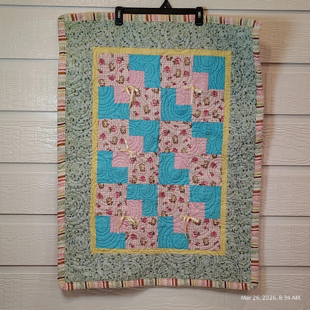 BABY BLANKET QUILT LAP SPRING COTTAGE CORE SHABBY CHIC 36X28 BUNNY RABBIT RIBBON